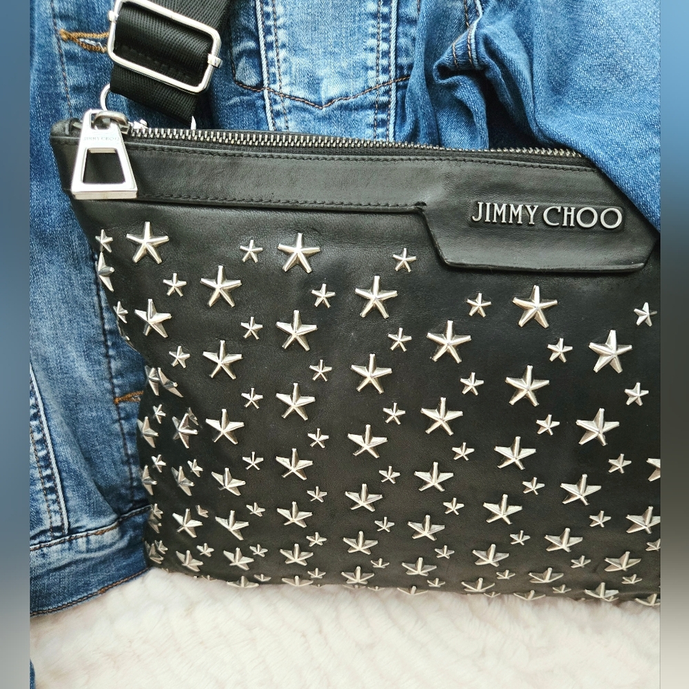 Authentic JIMMY CHOO Sky Star Studded Black Clutch Wallet WOC Crossbody Shoulder - Picture 11 of 16
